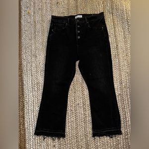 Loft High Waisted Petite Flare Crop Distressed Black Jeans Size 31/12 Button Fly